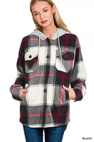 Zenana Black Plaid Drawstring Hooded Fleece Shacket BLACK