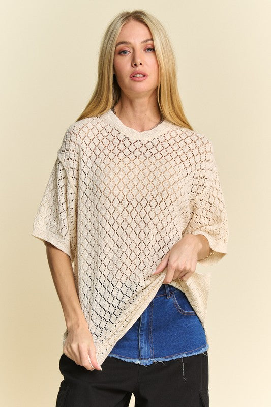 Davi & Dani Cream Beige Side Slit Openwork Round Neck Half Sleeve Knit Cover Up Shirts & Tops