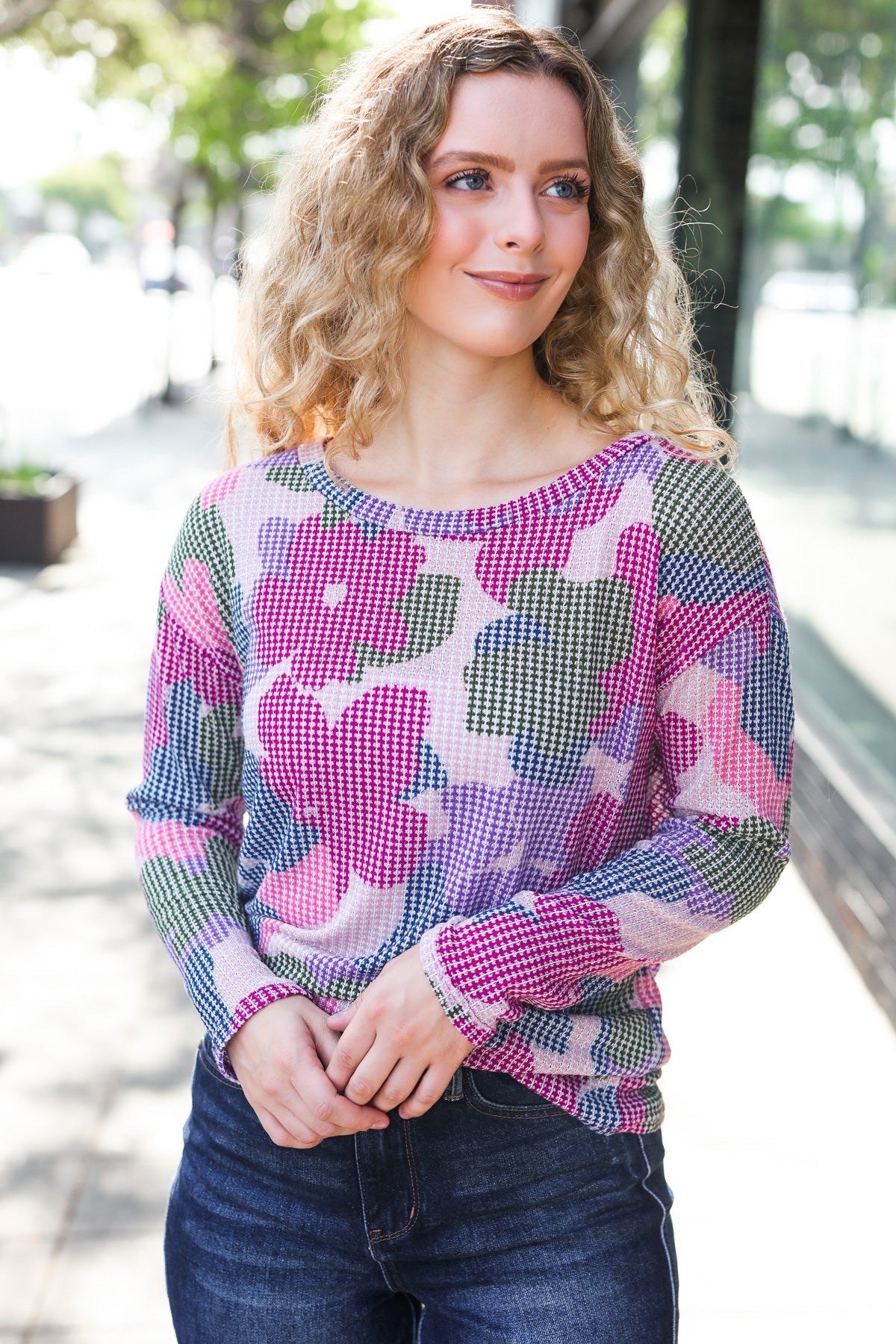Haptics Beautiful You Magenta Floral Vintage Two Tone Knit Top 2024 Blow-Out Sale