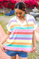 Haptics Sieze The Day Rainbow Striped V Neck Drop Shoulder Thermal Knit Top Final Sale 2024 Summer Blow Out Sale