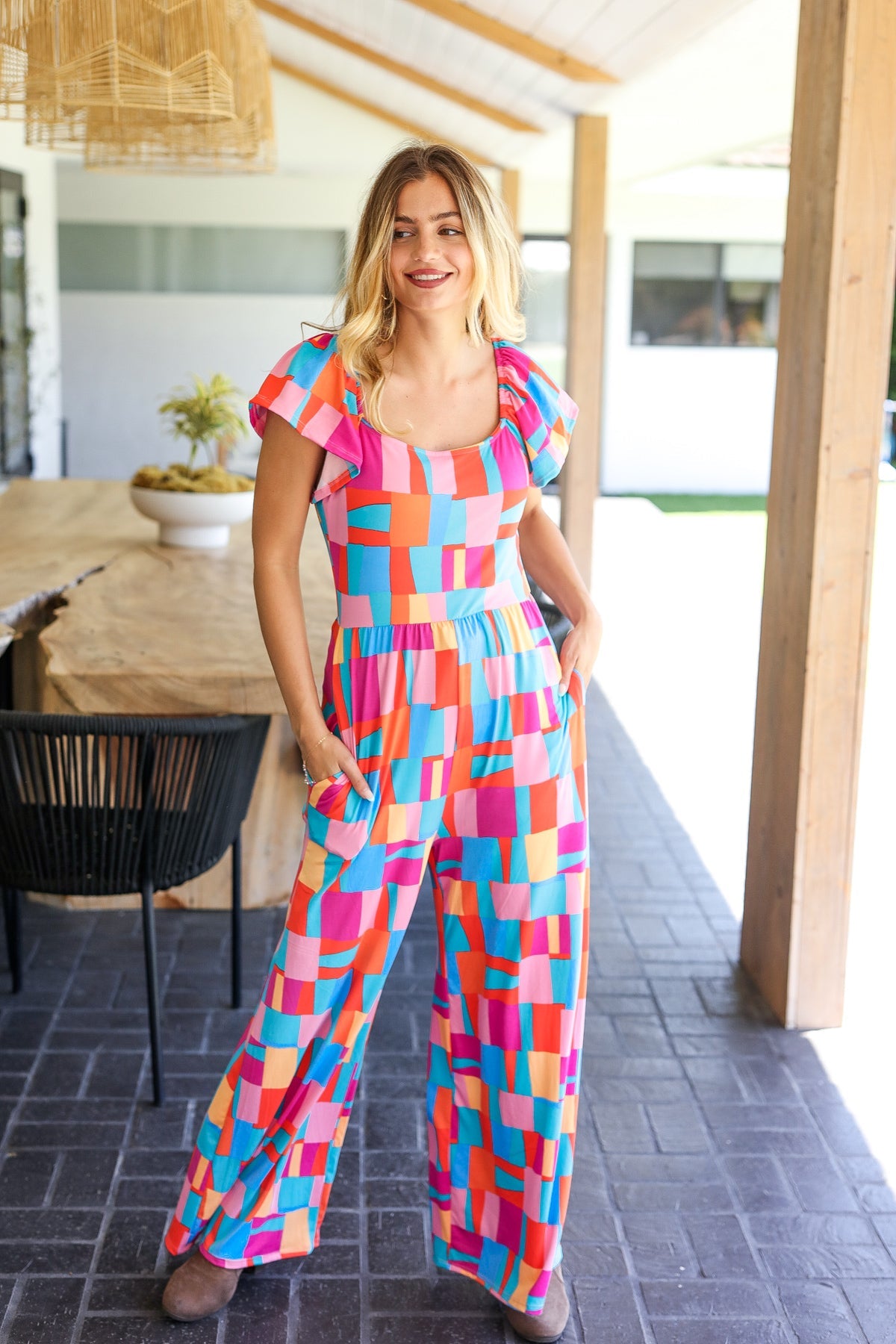 Haptics Scarlet & Aqua Geometric Print Wide Leg Jumpsuit Haptics