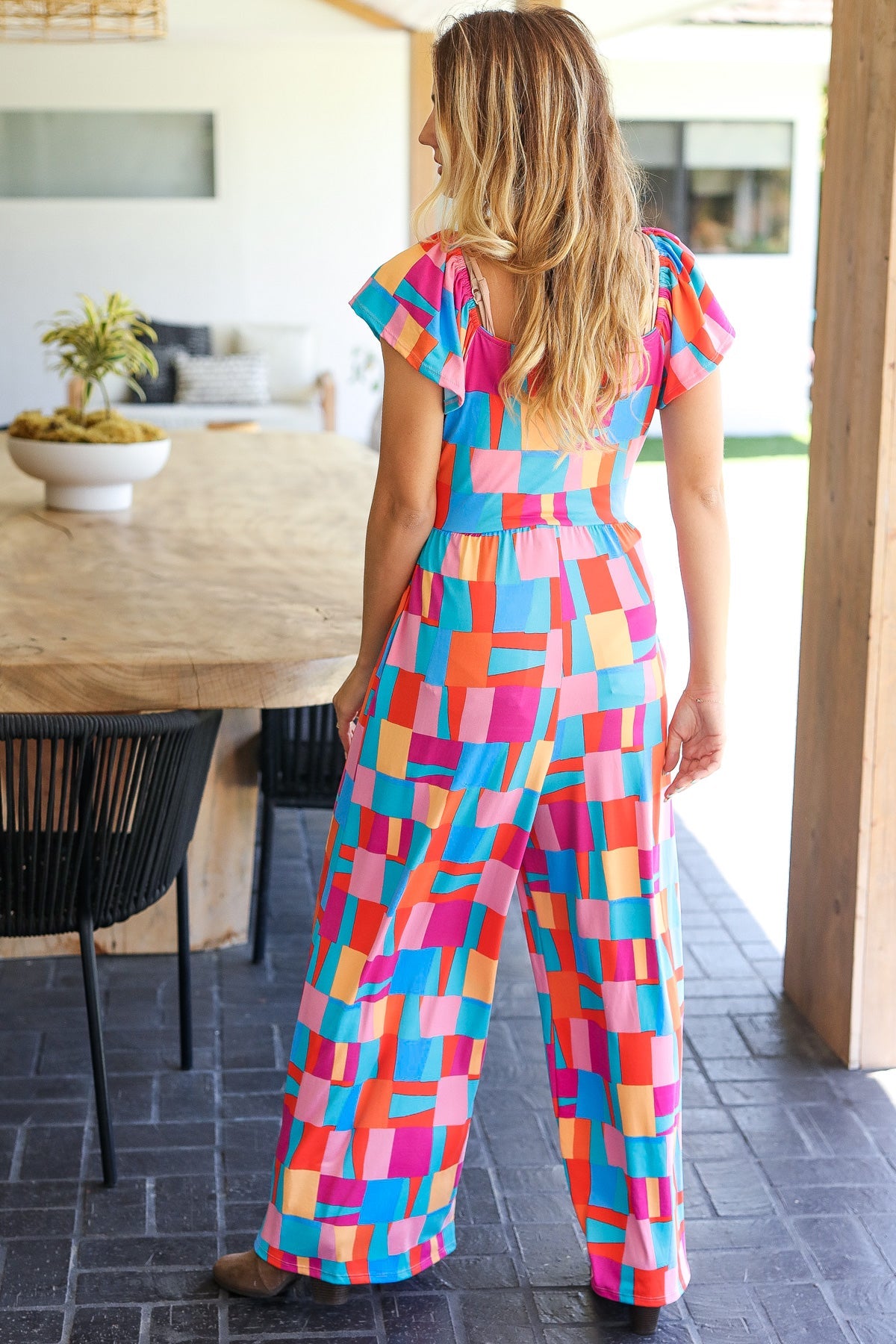 Haptics Scarlet & Aqua Geometric Print Wide Leg Jumpsuit Haptics