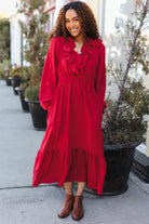 Haptics Holiday Red Overlap Ruffle V Neck Midi Dress Dresses