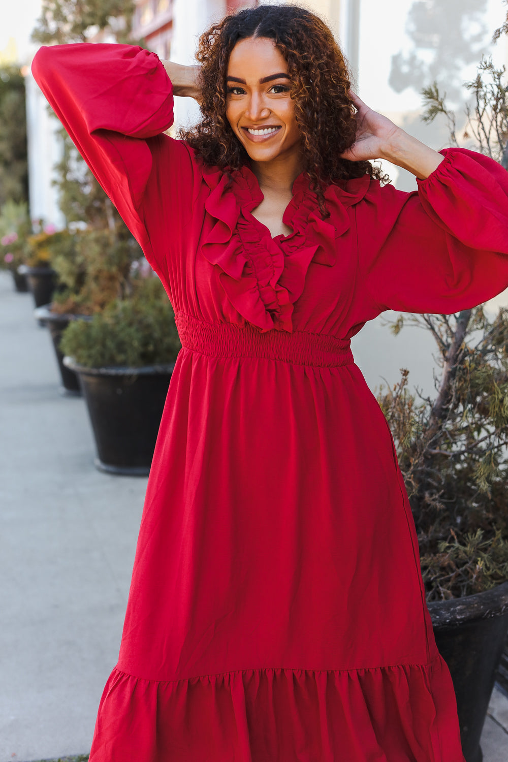 Haptics Holiday Red Overlap Ruffle V Neck Midi Dress Dresses