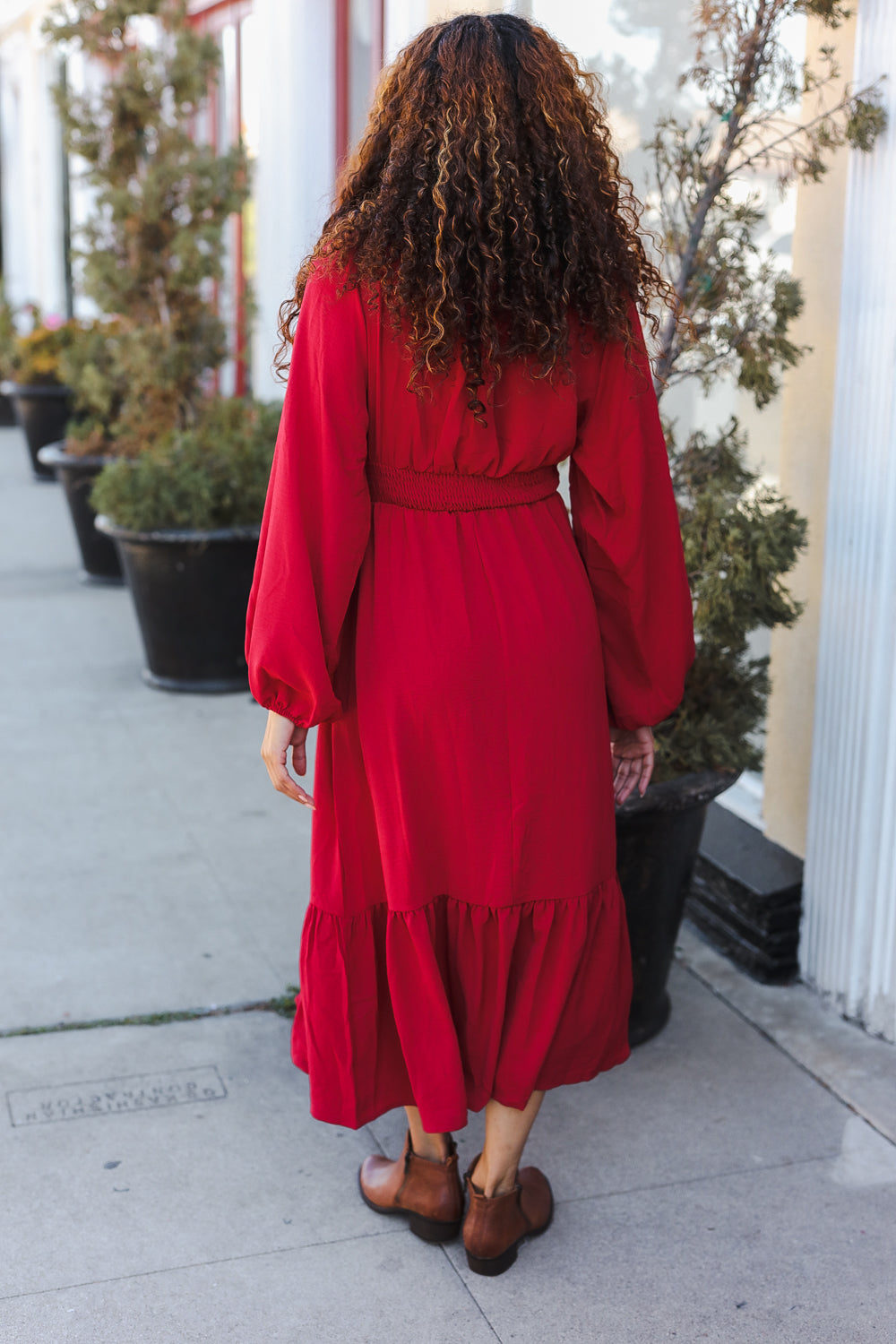 Haptics Holiday Red Overlap Ruffle V Neck Midi Dress Dresses