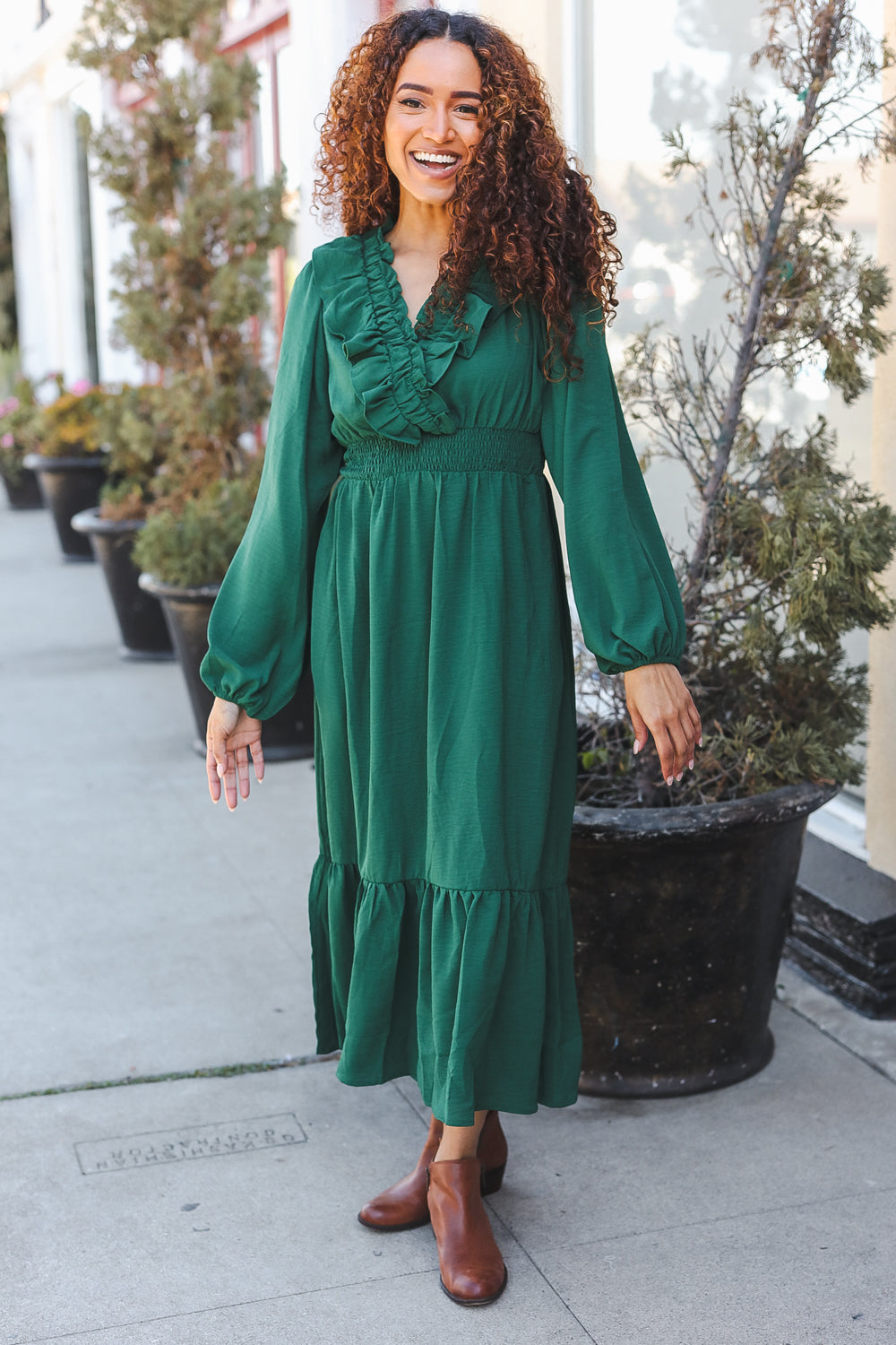 Haptics Holiday Green Overlap Ruffle V Neck Midi Dress Dresses