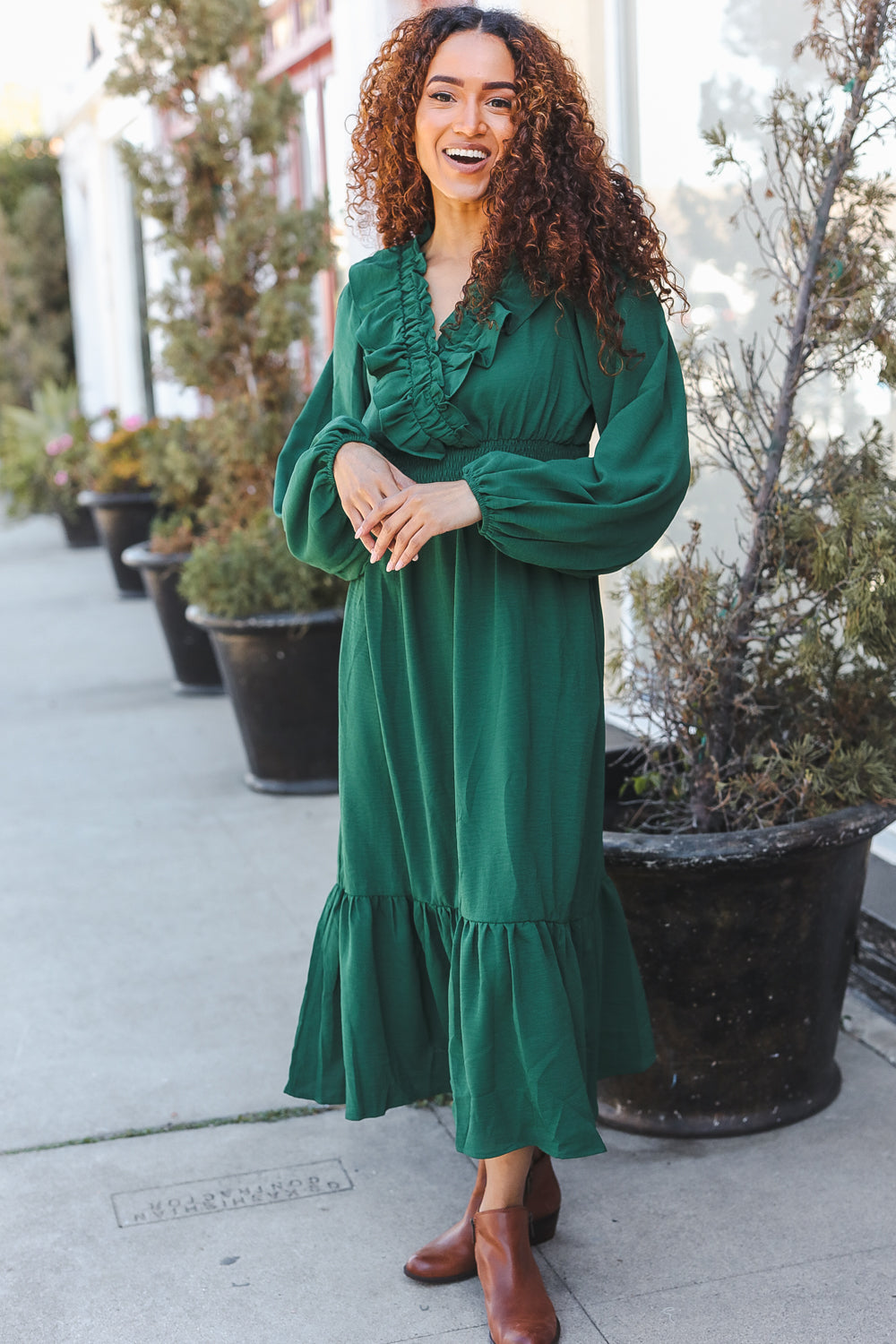 Haptics Holiday Green Overlap Ruffle V Neck Midi Dress Dresses