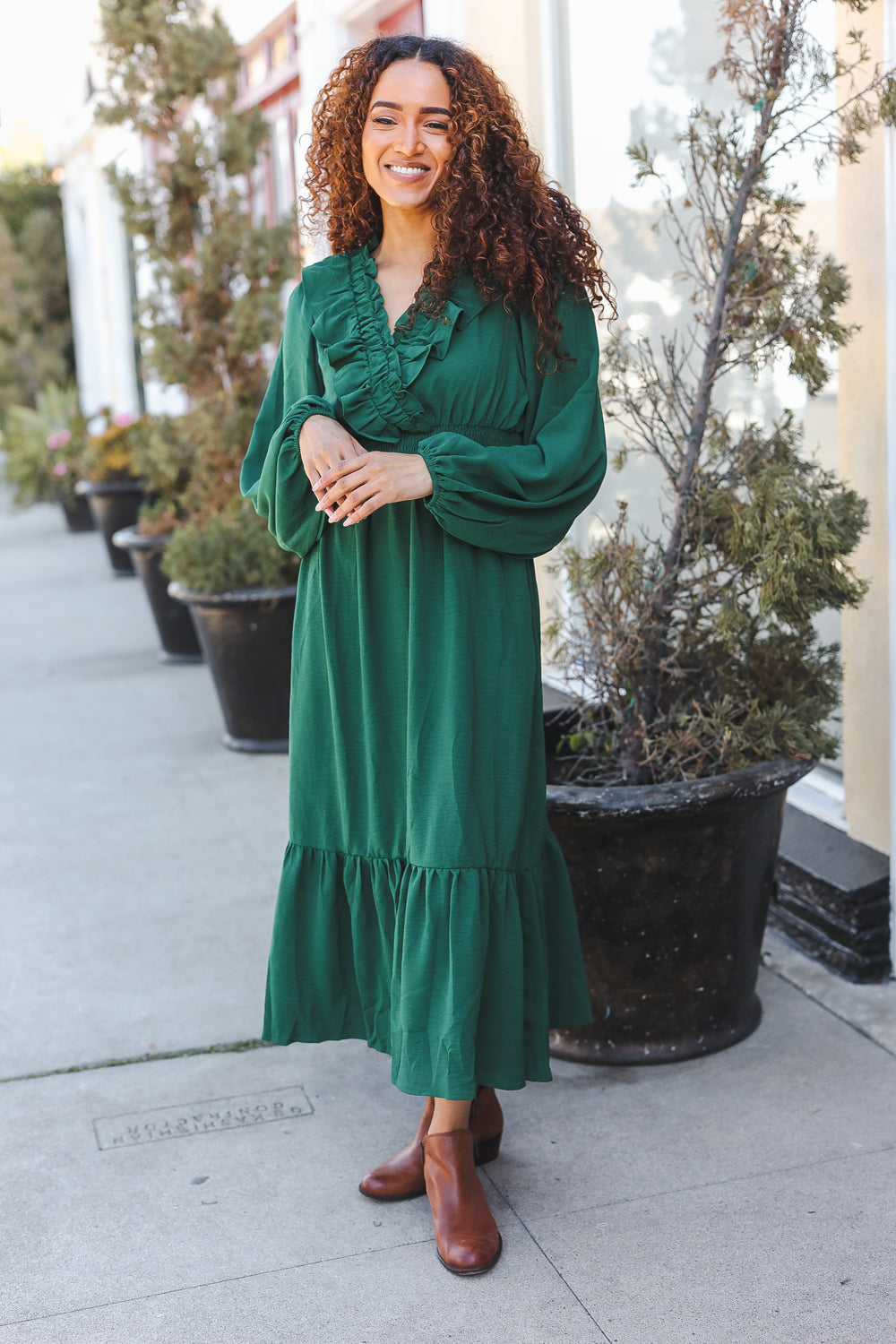 Haptics Holiday Green Overlap Ruffle V Neck Midi Dress Dresses