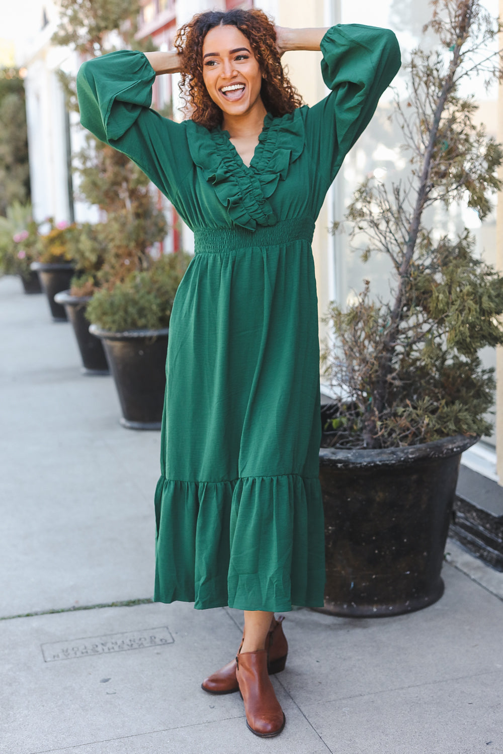 Haptics Holiday Green Overlap Ruffle V Neck Midi Dress Dresses