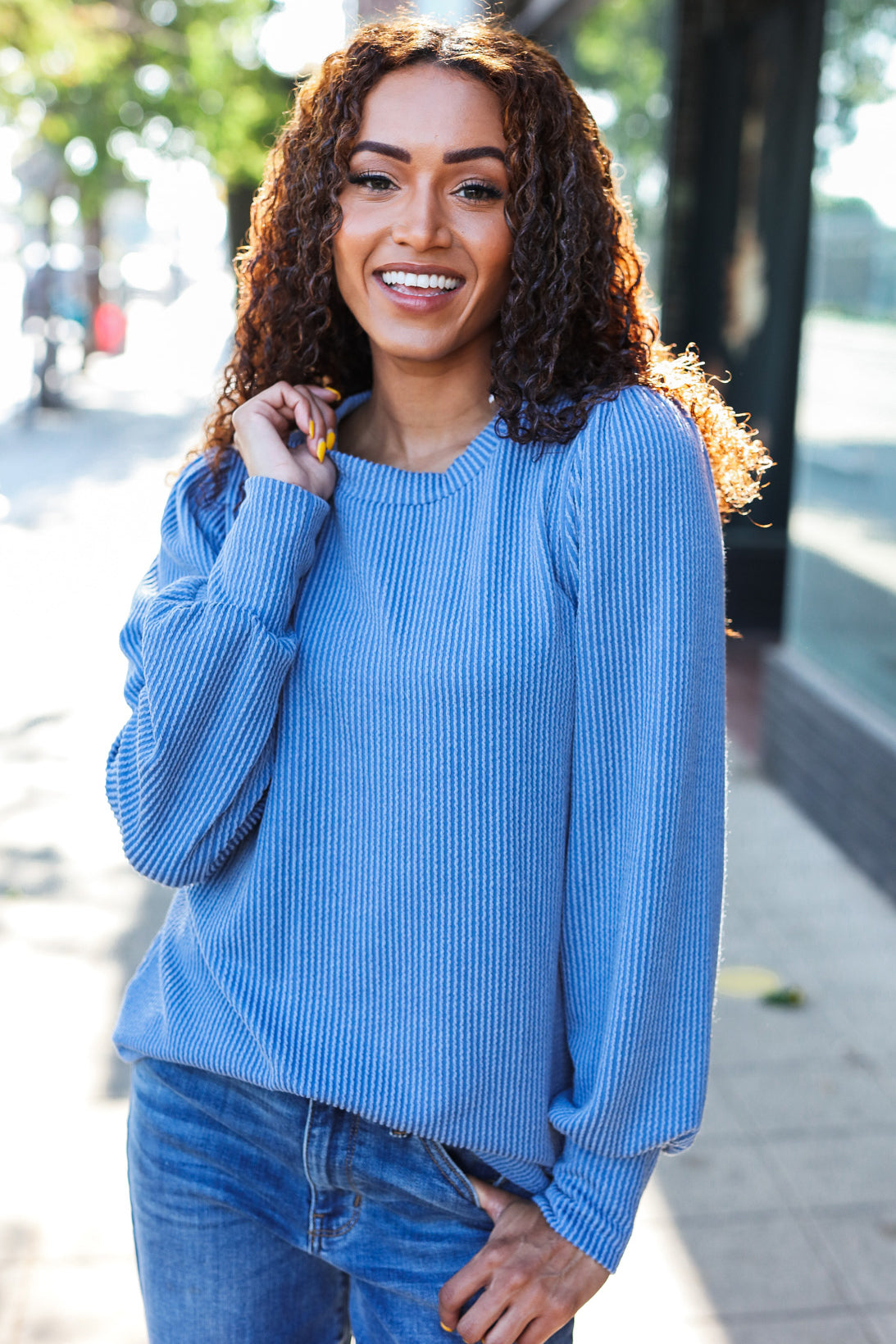 Haptics Everyday Vintage Denim Rib Mineral Wash Long Sleeve Top Haptics