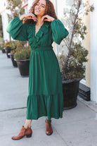 Haptics Holiday Green Overlap Ruffle V Neck Midi Dress Dresses