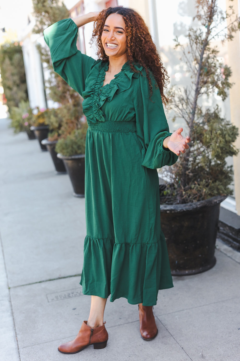 Haptics Holiday Green Overlap Ruffle V Neck Midi Dress Dresses