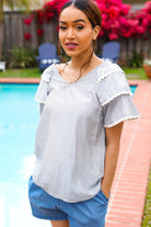 Haptics Lovely In Gray Stripe Tiered Ruffle Sleeve Ric Rac Trim Top 2024 Summer Blow Out Sale
