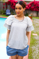 Haptics Lovely In Gray Stripe Tiered Ruffle Sleeve Ric Rac Trim Top 2024 Summer Blow Out Sale