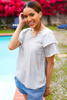 Haptics Lovely In Gray Stripe Tiered Ruffle Sleeve Ric Rac Trim Top 2024 Summer Blow Out Sale