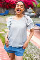 Haptics Lovely In Gray Stripe Tiered Ruffle Sleeve Ric Rac Trim Top 2024 Summer Blow Out Sale