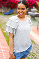 Haptics Lovely In Gray Stripe Tiered Ruffle Sleeve Ric Rac Trim Top 2024 Summer Blow Out Sale