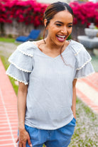Haptics Lovely In Gray Stripe Tiered Ruffle Sleeve Ric Rac Trim Top 2024 Summer Blow Out Sale