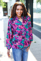 Haptics Beautiful You Hunter Green Watercolor Floral Print Notch Neck Top Final Sale