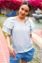 Haptics Lovely In Gray Stripe Tiered Ruffle Sleeve Ric Rac Trim Top 2024 Summer Blow Out Sale