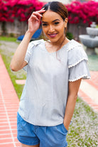 Haptics Lovely In Gray Stripe Tiered Ruffle Sleeve Ric Rac Trim Top 2024 Summer Blow Out Sale
