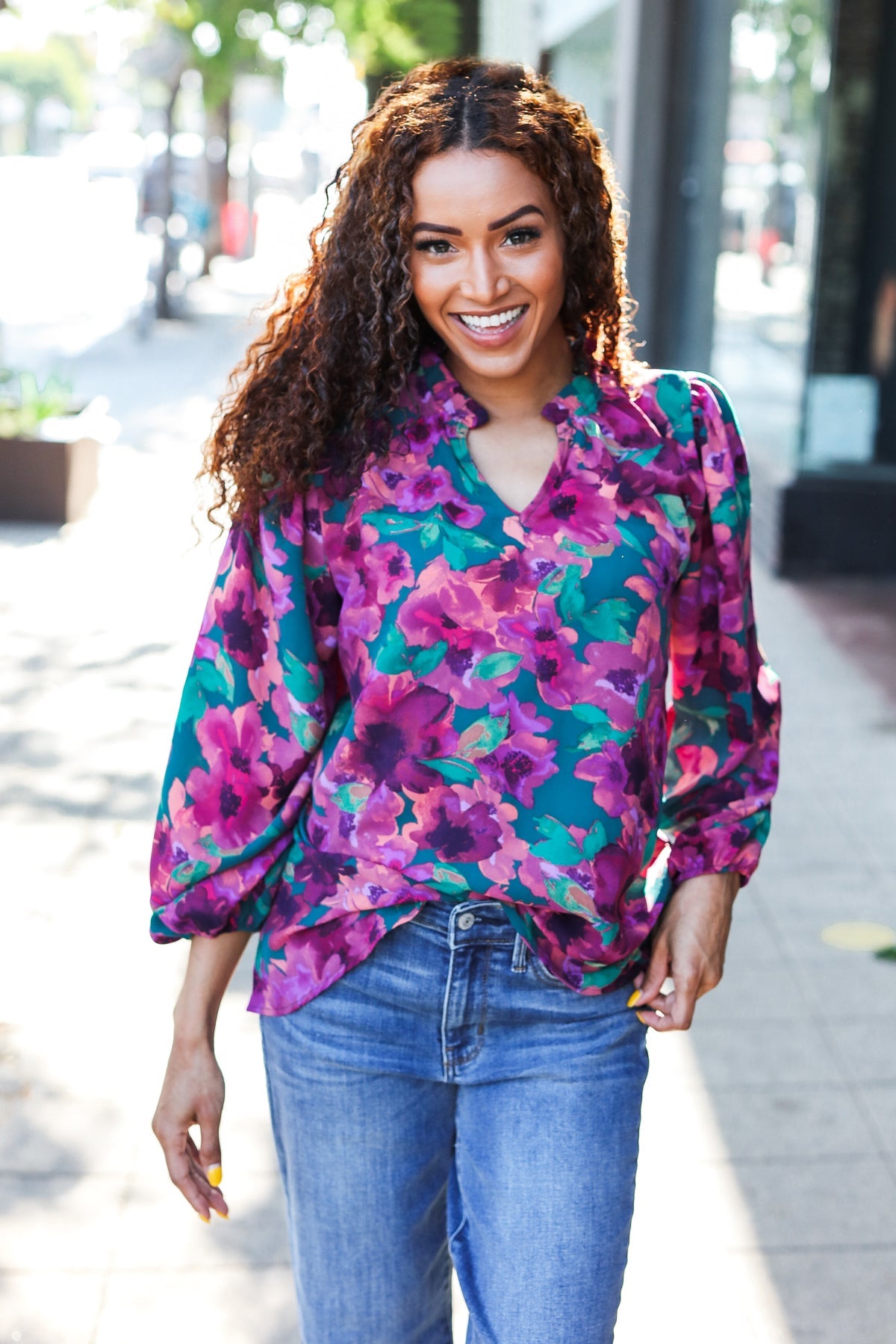 Haptics Beautiful You Hunter Green Watercolor Floral Print Notch Neck Top Final Sale
