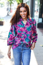 Haptics Beautiful You Hunter Green Watercolor Floral Print Notch Neck Top Final Sale