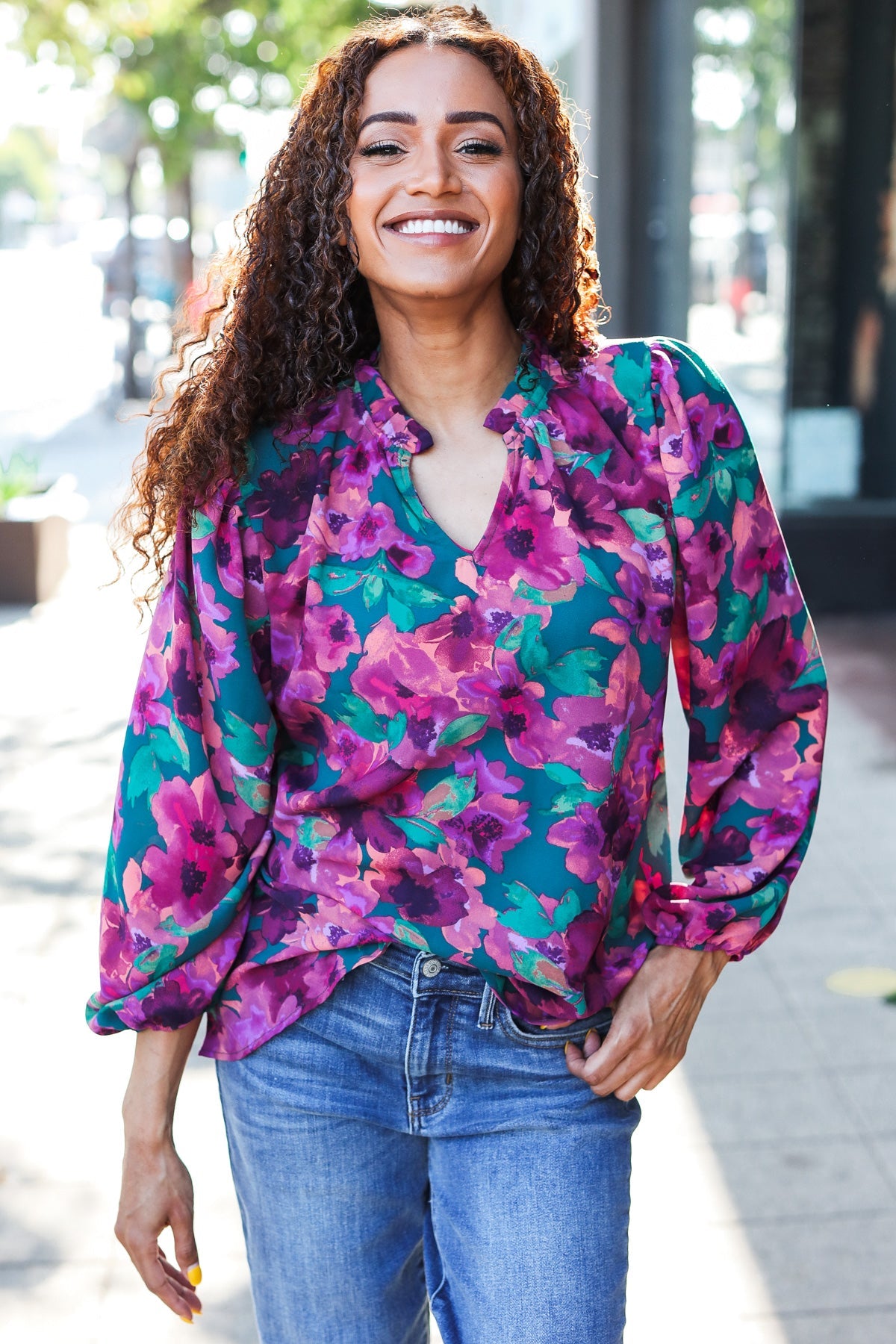 Haptics Beautiful You Hunter Green Watercolor Floral Print Notch Neck Top Final Sale