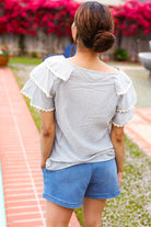 Haptics Lovely In Gray Stripe Tiered Ruffle Sleeve Ric Rac Trim Top 2024 Summer Blow Out Sale