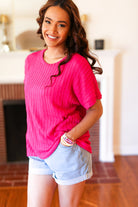 Haptics Be Your Best Fuchsia Cable Knit Dolman Short Sleeve Sweater Top Haptics