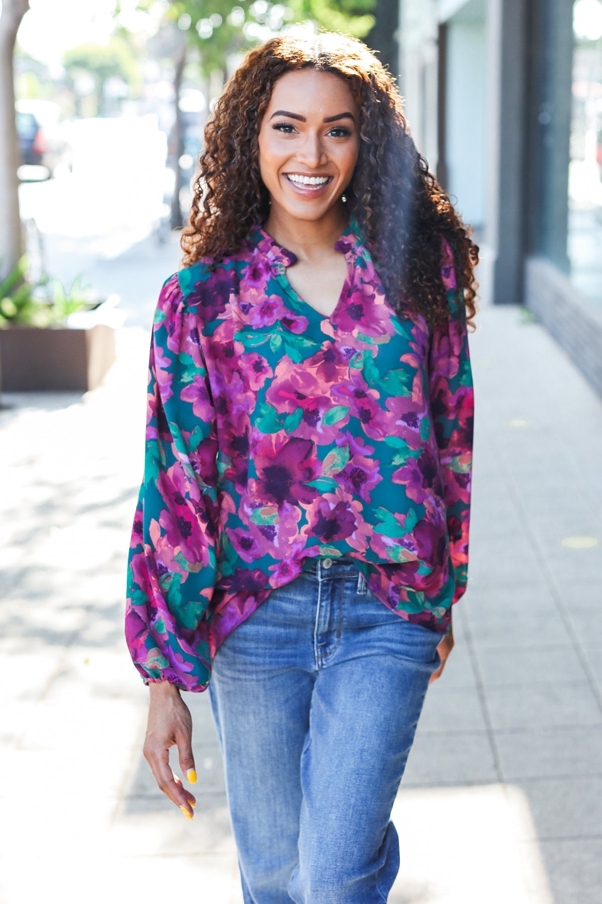 Haptics Beautiful You Hunter Green Watercolor Floral Print Notch Neck Top Final Sale