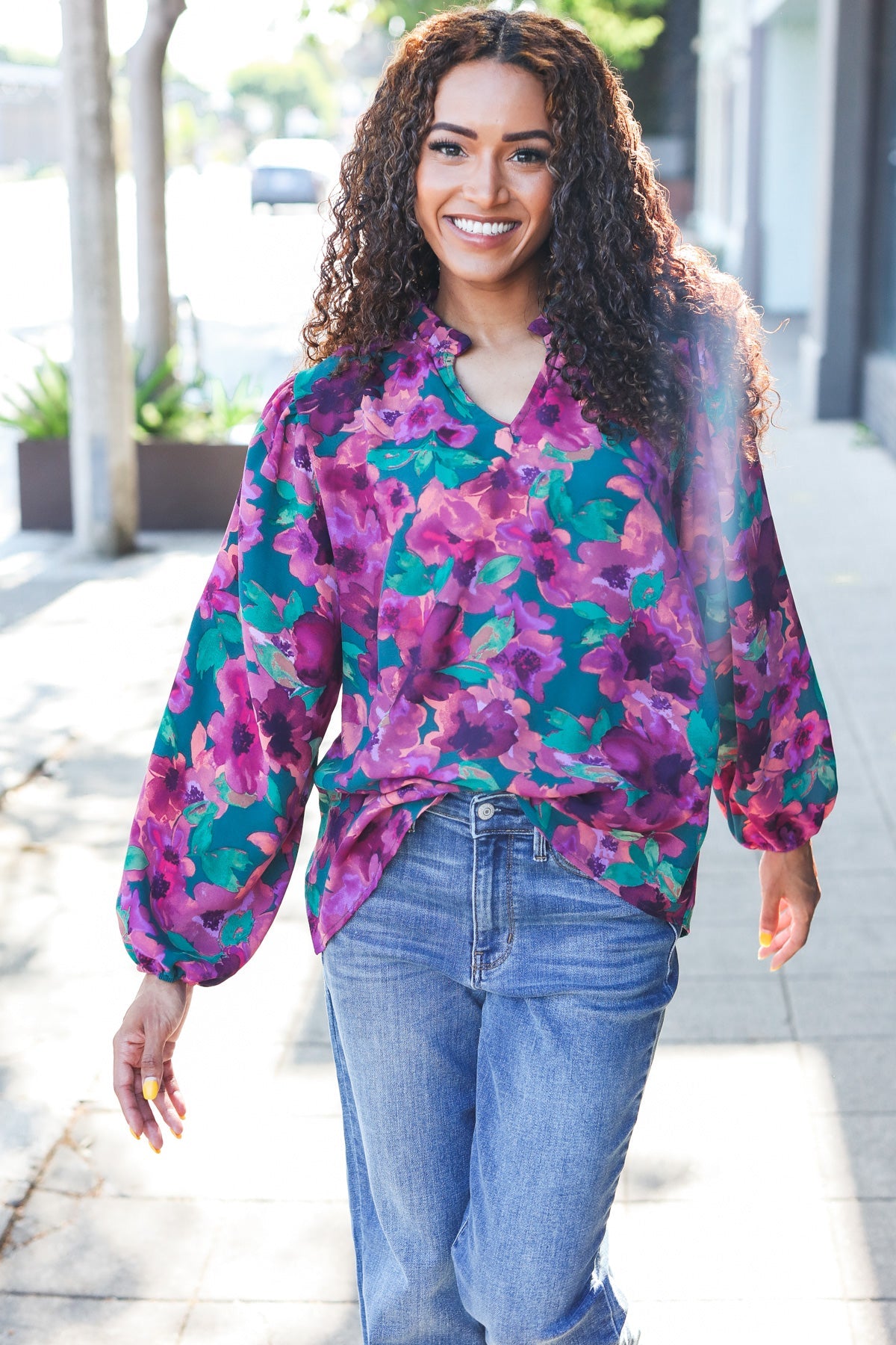 Haptics Beautiful You Hunter Green Watercolor Floral Print Notch Neck Top Final Sale