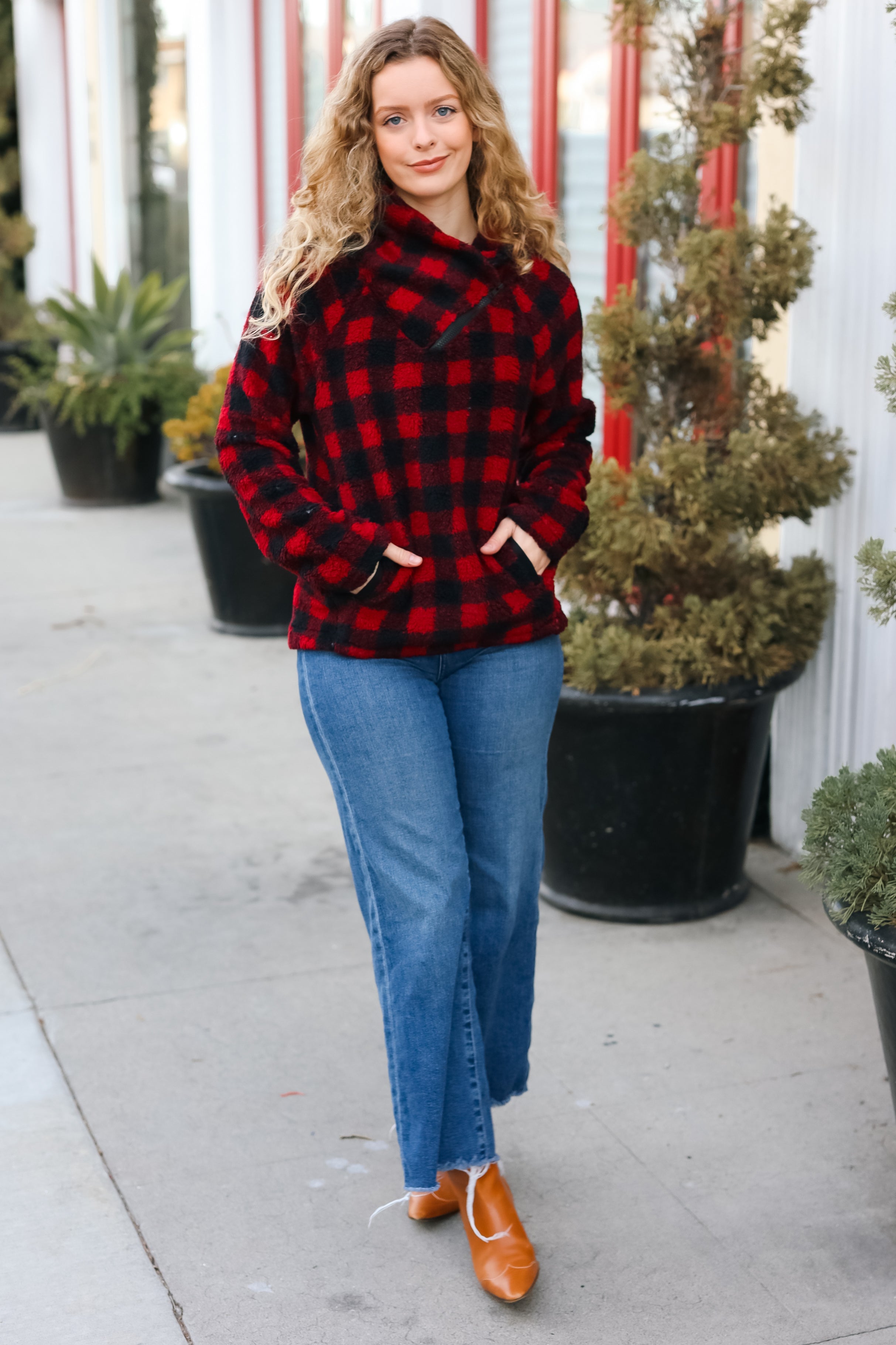 Hem & Thread Cozy Red Sherpa Plaid Asymmetrical Zip Sweater Top Hem & Thread