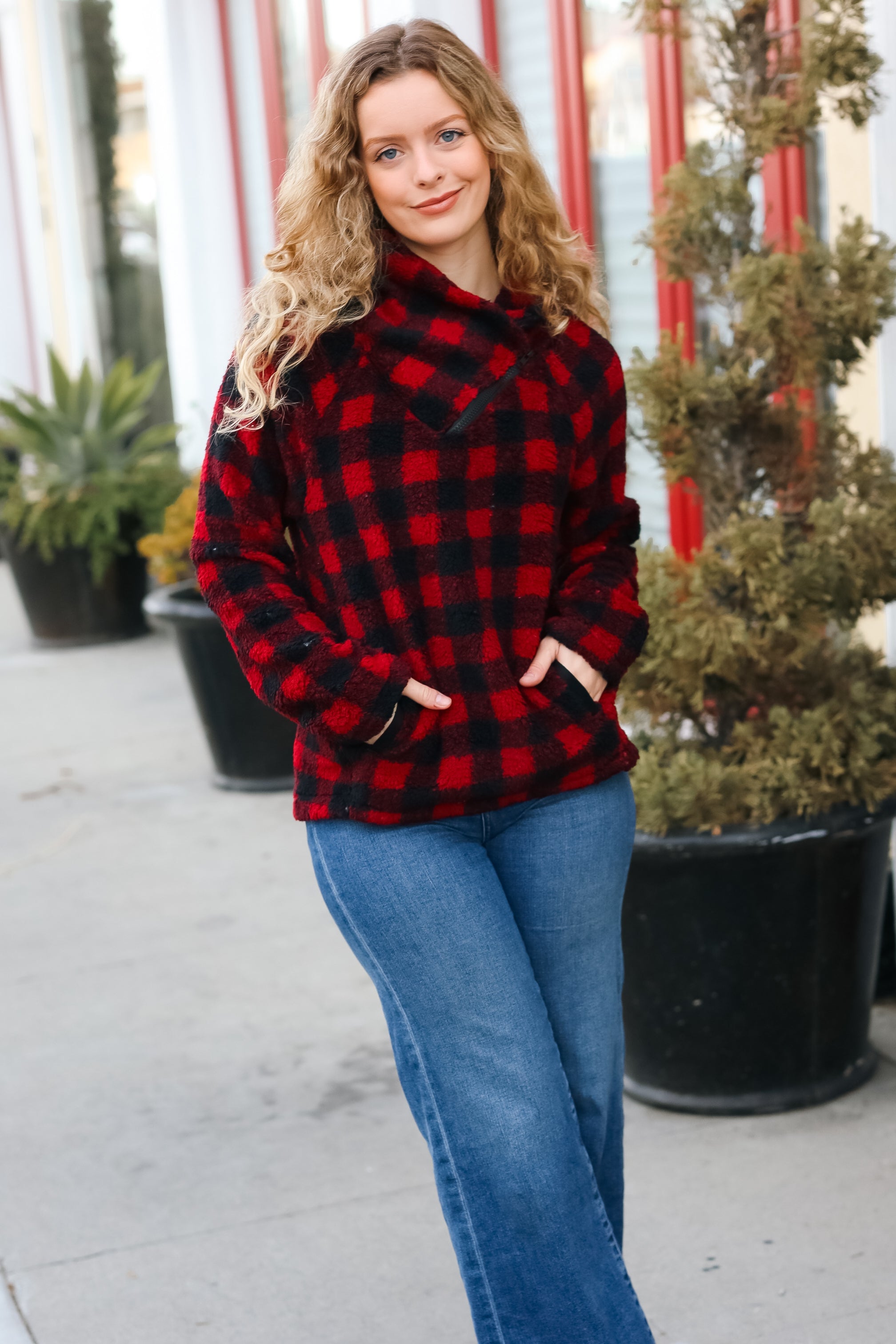 Hem & Thread Cozy Red Sherpa Plaid Asymmetrical Zip Sweater Top Hem & Thread