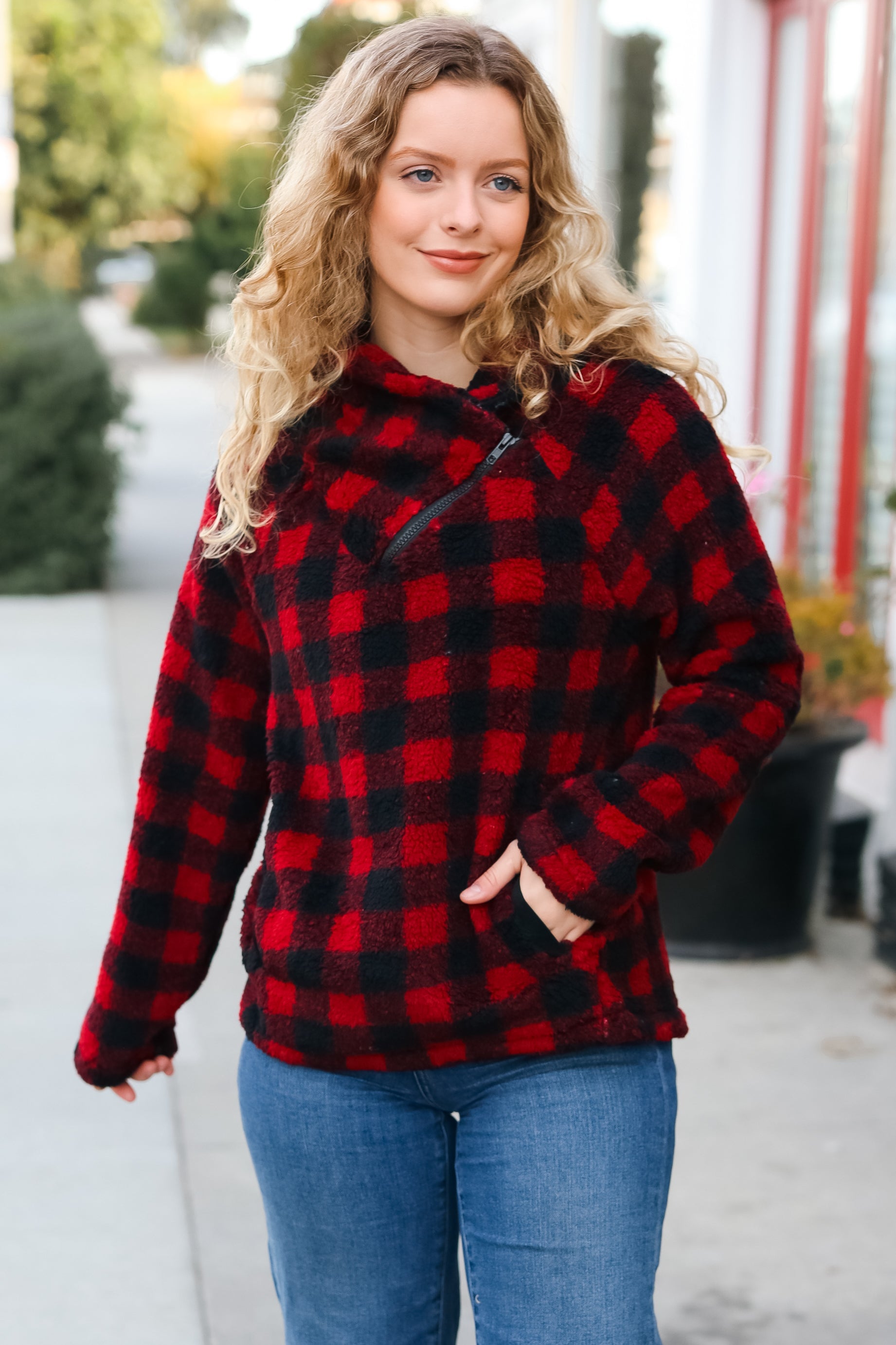 Hem & Thread Cozy Red Sherpa Plaid Asymmetrical Zip Sweater Top Hem & Thread