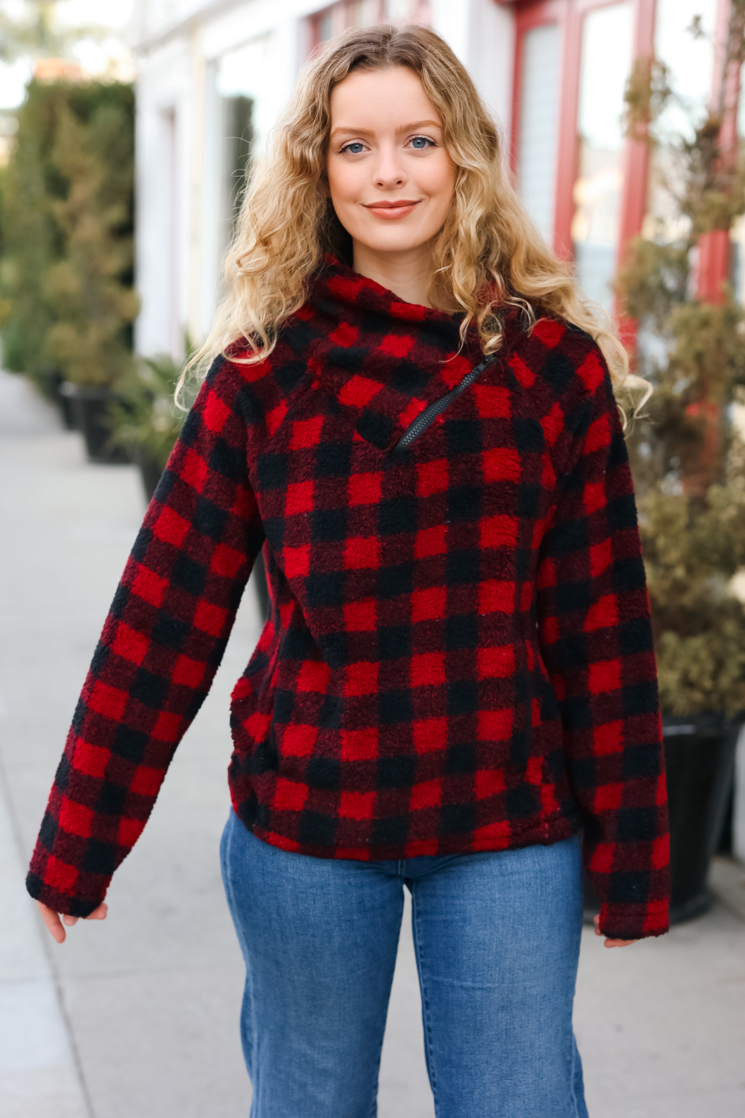 Hem & Thread Cozy Red Sherpa Plaid Asymmetrical Zip Sweater Top Hem & Thread