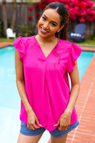 Haptics Summer Days Fuchsia Banded V Neck Flutter Sleeve Top 2025 Summer-Blow Out Sale