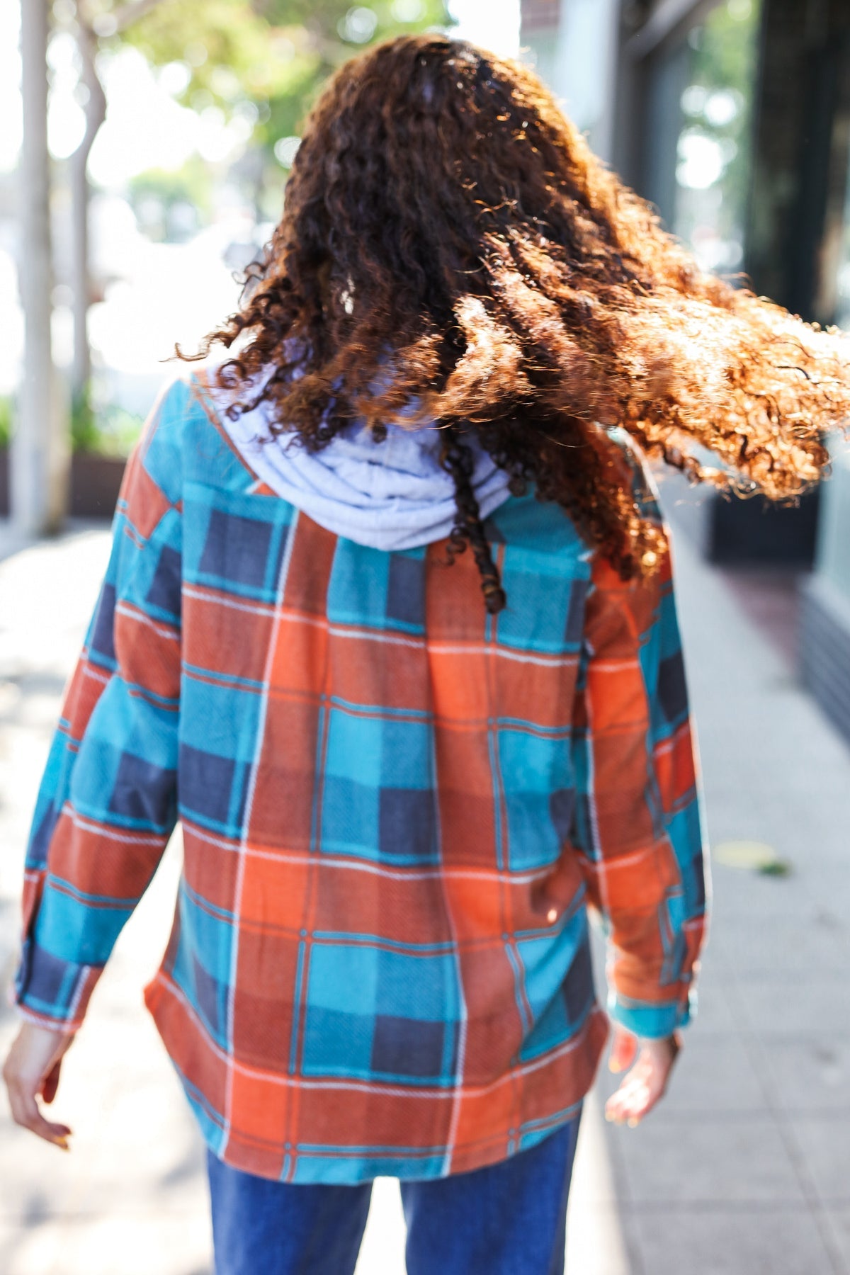 Zenana Stand Out Teal & Orange Plaid Fleece Hoodie Shacket Zenana