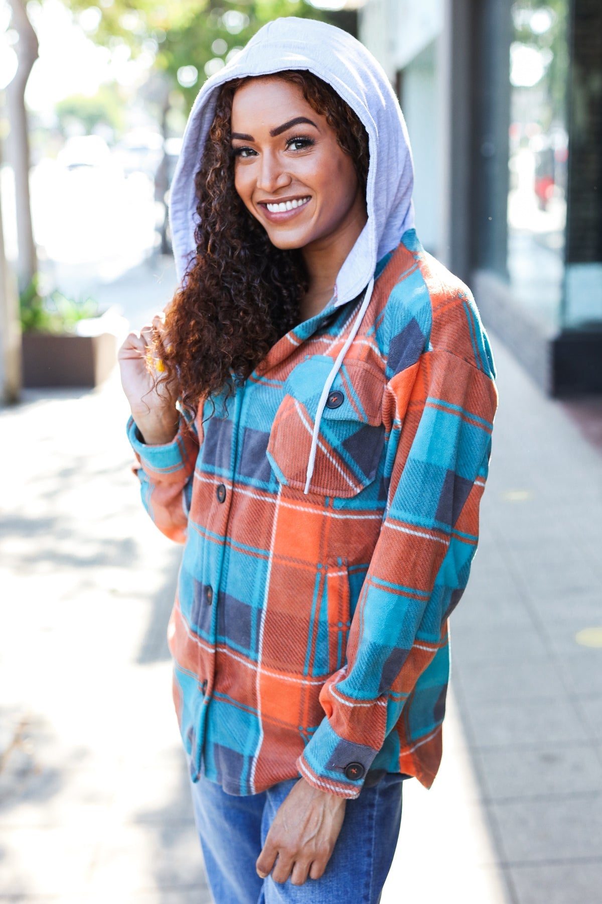 Zenana Stand Out Teal & Orange Plaid Fleece Hoodie Shacket Zenana