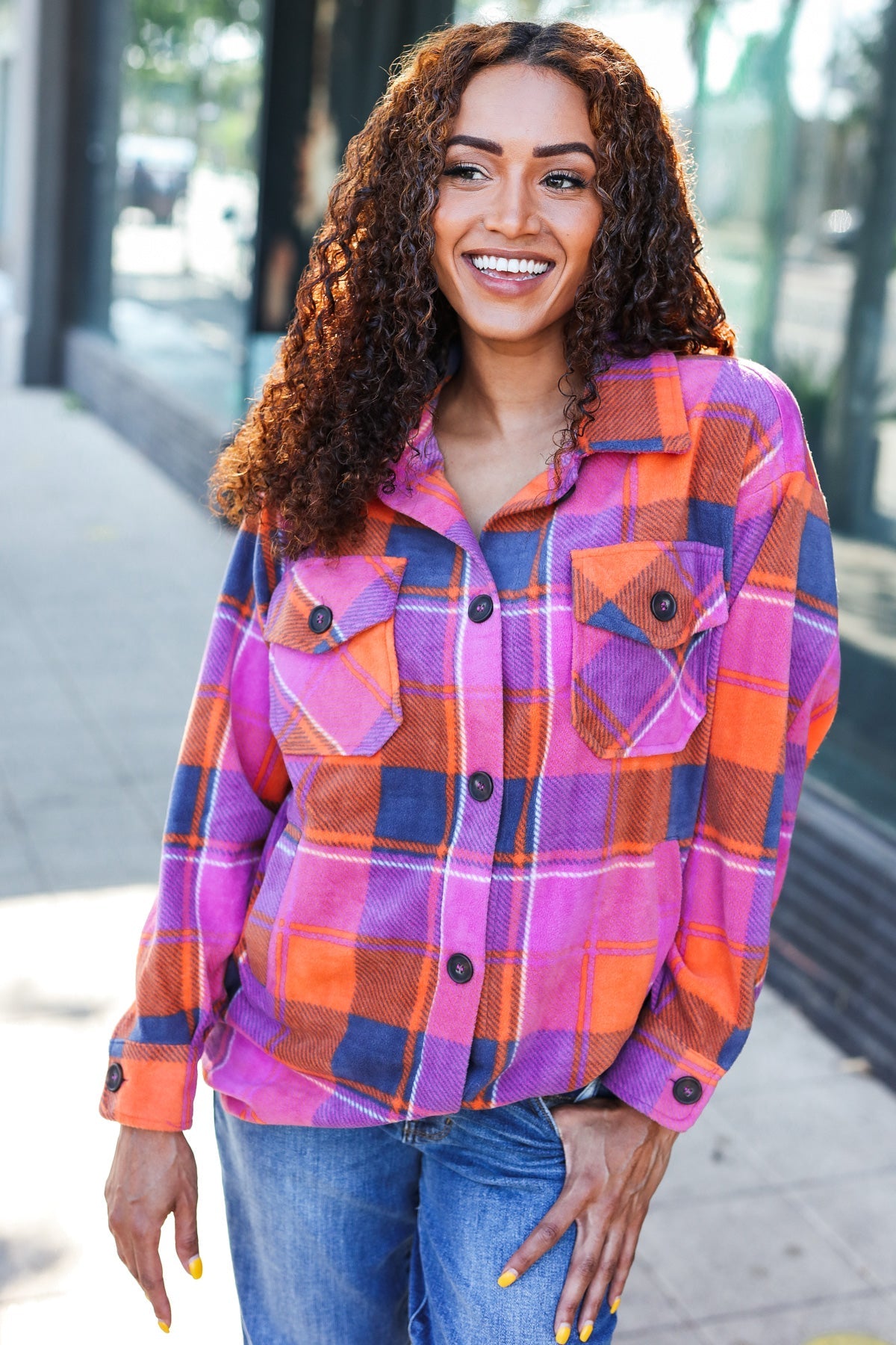 Zenana Stand Out Magenta & Orange Plaid Fleece Collared Shacket Zenana