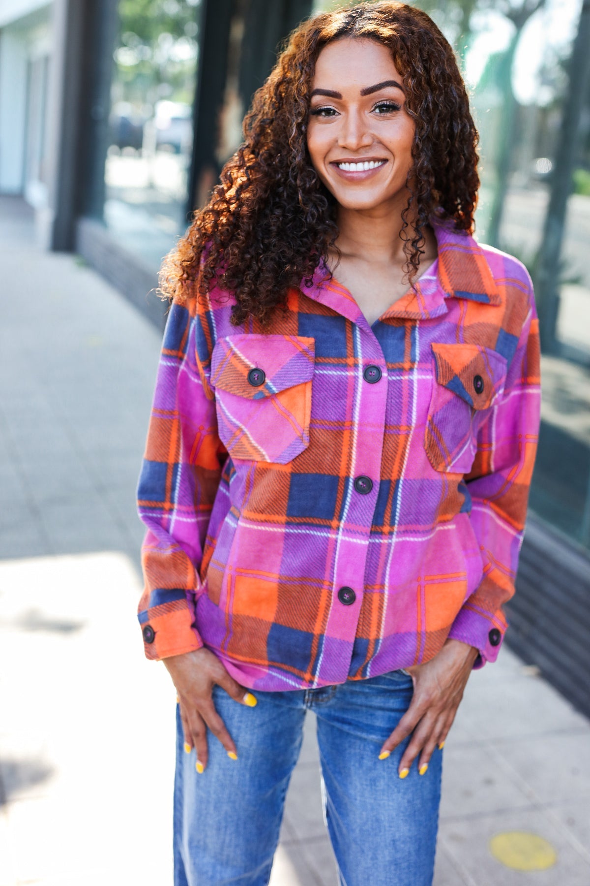 Zenana Stand Out Magenta & Orange Plaid Fleece Collared Shacket Zenana