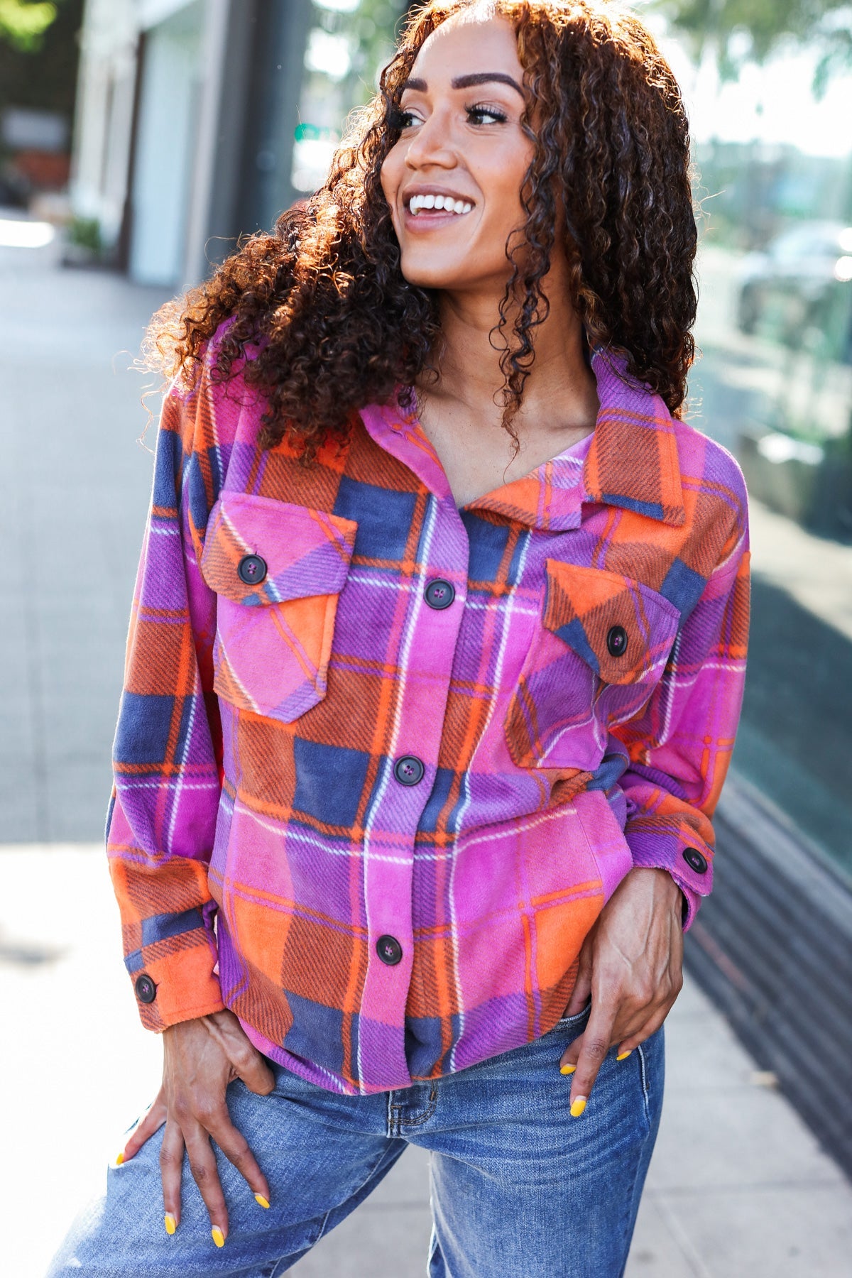 Zenana Stand Out Magenta & Orange Plaid Fleece Collared Shacket Large Zenana