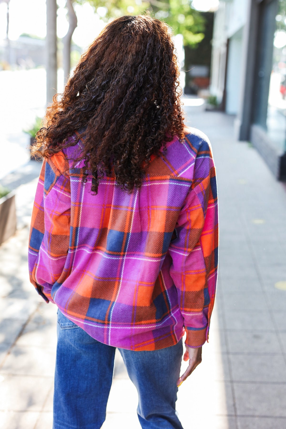 Zenana Stand Out Magenta & Orange Plaid Fleece Collared Shacket Zenana