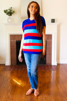 Haptics Forget Me Not Royal Blue Stripe Short Sleeve Dolman Sweater Haptics