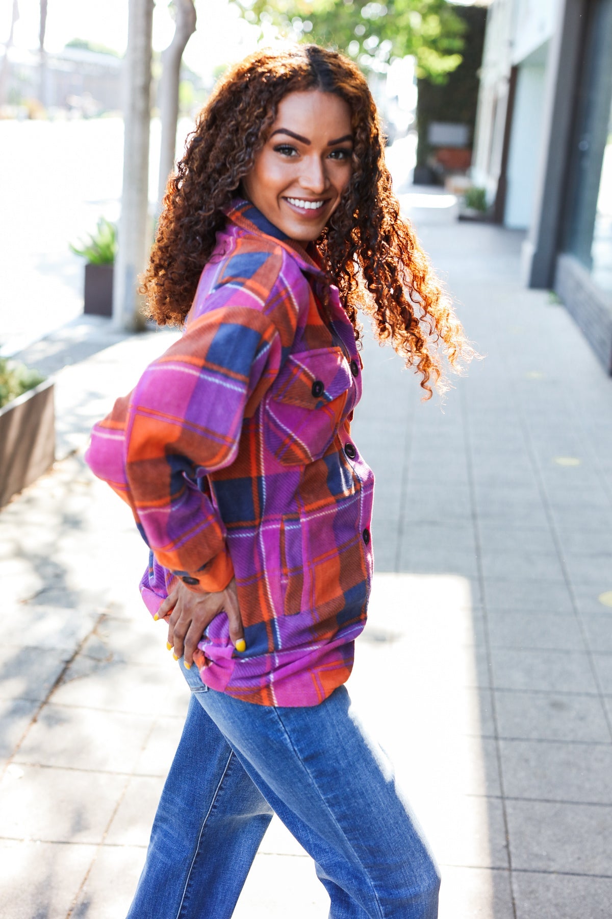 Zenana Stand Out Magenta & Orange Plaid Fleece Collared Shacket Zenana