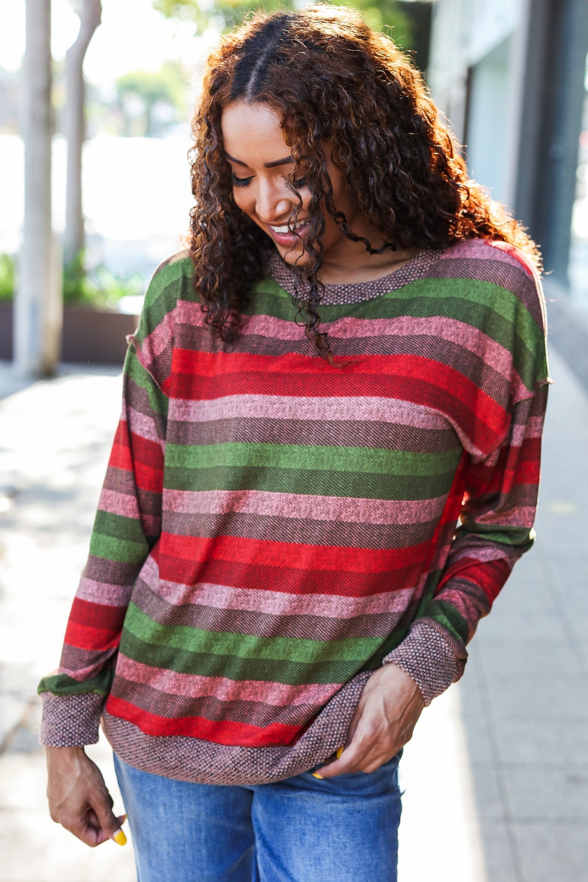 Haptics Perfectly You Olive & Mauve Stripe Two-Tone Banded Sweater Top Haptics