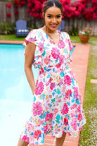 Haptics Hello Beautiful Ivory & Fuchsia Floral Sequin Smock Waist Midi Dress