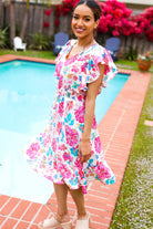 Haptics Hello Beautiful Ivory & Fuchsia Floral Sequin Smock Waist Midi Dress