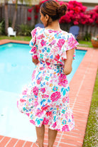 Haptics Hello Beautiful Ivory & Fuchsia Floral Sequin Smock Waist Midi Dress