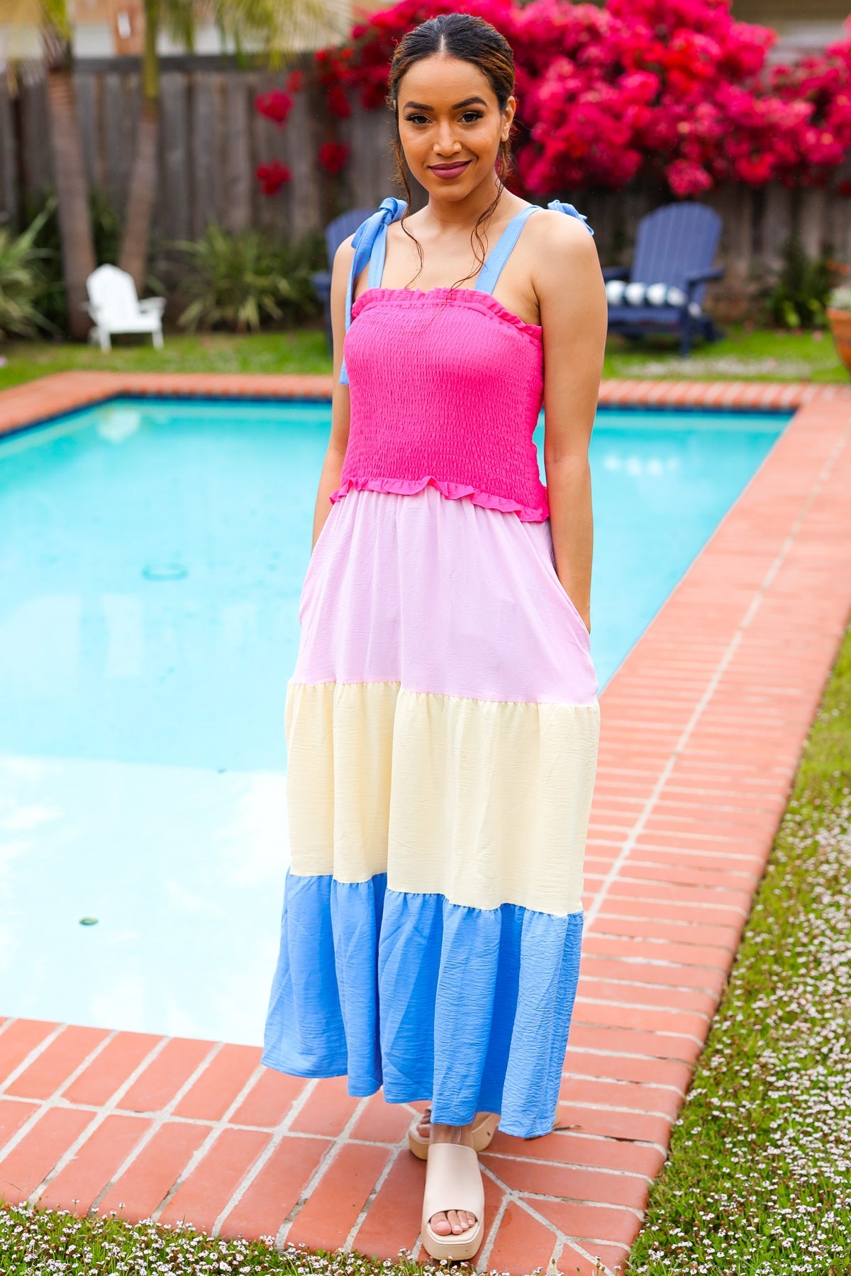 Haptics Hot Pink & Blue Smocked Color Block Maxi Dress 2024 Blow-Out Sale